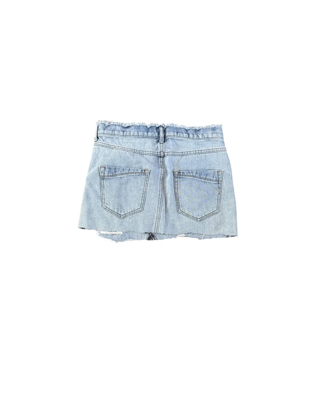 EXPRESS Straight Mini Jean Skirt Women Size 2 Blue Mid Rise Distressed Raw Hem